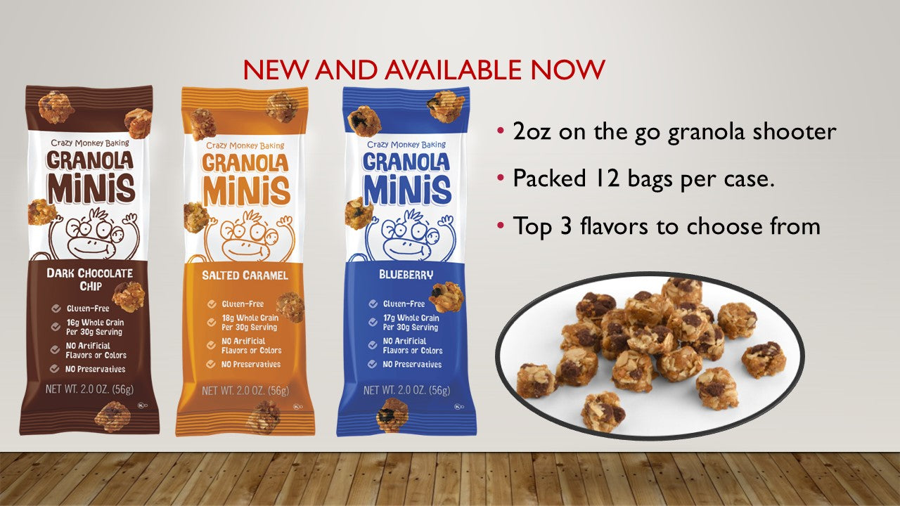 Crazy Monkey 2 oz grab-and-go granola bite bags in a display box