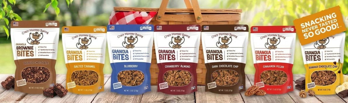 Crazy Monkey Baking granola bite bags in all seven flavors